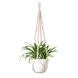 Mkono Macrame Plant Hanger Indoor Hanging Planter Basket with Wood Beads Decorative Flower Pot Holder No Tassels for Indoor Outdoor Boho Home Decor 35 Inch, Ivory (POTS NOT Included)