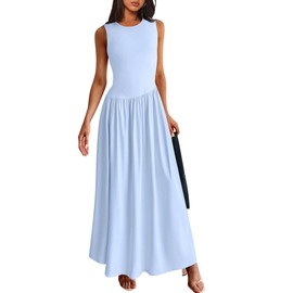 PRETTYGARDEN Women's Maxi Sundress Casual Summer 2025 Sleeveless Asymmetrical Drop Waist Patchwork Long Flowy Tank Dresses (Light Blue,X-Large)