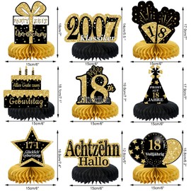18th Birthday Boy Black Golden Honeycomb Centrepiece Table Decoration, Party Decoration for Men and Boys, Gifts for Men Birthday (Pack of 9)