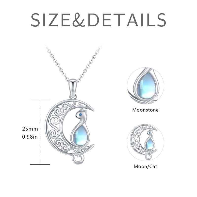 Cat Necklace for Women Sterling Silver Moonstone Moon Necklace Animal