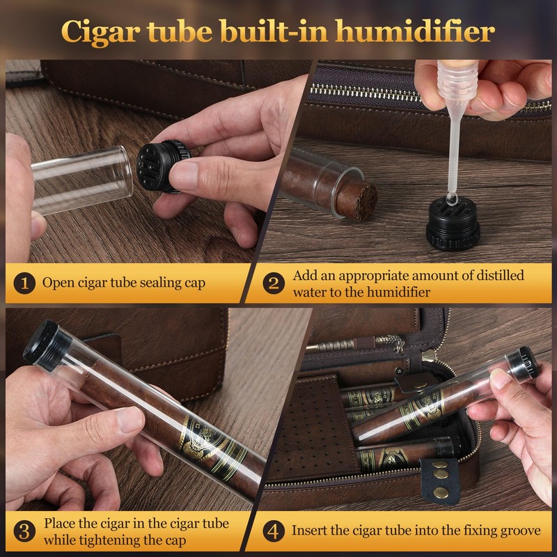 SEMKONT Cigar Humidor,Leather Travel Cigar Humidor,Include 4 Cigar Tubes with
