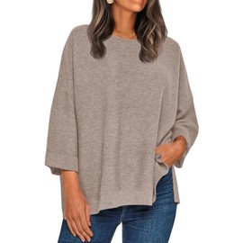 Tankaneo Women's Oversized Sweaters Casual 3/4 Long Sleeve Crewneck Ribbed Knit Split Tunics Fall Loose Pullover Tops Khaki