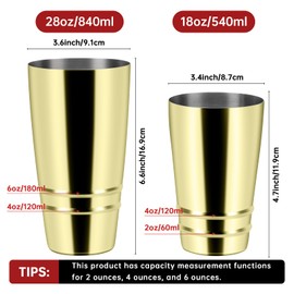 Boston Shaker: 18 & 28oz Weighted Cocktail Shaker Set. Stainless Steel Martini Drink Shaker, Two-Piece Heavy Metal Boston Tins Only (Embossed measuring cup) (Gold)