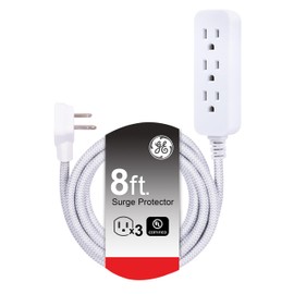 GE 3-Outlet Power Strip Surge Protector 8 Ft Braided Extension Cord with Multiple Outlets Grounded Flat Plug ETL Listed White 38433
