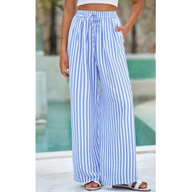 PRETTYGARDEN Womens Pants Elastic Waist Floral Lightweight Palazzo Pants for Women Casual Lounge Wide Leg Pants Woman (Striped Blue, Large)