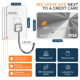 GLUIT Adhesive Wall Hooks for Hanging Heavy Duty 22 lbs Hooks for Walls No Damage, Towel Sticky Clear Hooks, Waterproof, Home, Bathroom, Kitchen, Office, and Outdoor 20 Pack