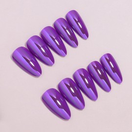 MISUD Press on Nails - Medium Almond Faked Nails with Purple Chrome, Acrylic Laser Design 24 pcs