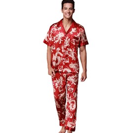 ZUEVI Men's Silk Satin Short Sleeve Pajamas Set Dragon Pattern Loungewear Button Down Pjs Set for Men (Red Dragon-XL)