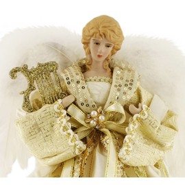 14" Inch Standing Sequin Sash Golden Harp Angel Christmas Tree Topper or Table Top 514122
