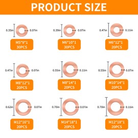 200pcs Copper Metric Crush Washer Assortment - 9 Sizes (M5 to M14) Flat Sealing Gaskets for Oil Drain Plugs, Automotive & Plumbing Applications, Industrial & Household Use