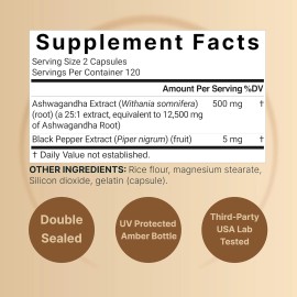 Naturebell Ashwagandha 12,500 Mg Equivalent with Black Pepper, 240 Capsules | Hi