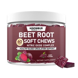 Hisonour Research Beetroot Chews, Beet Root Soft Chews with Grape Seed, Pomegranate, Black Pepper, Vitamin C, B12, Nitric Oxide Supplement for Men & Women, Cherry Flavor, Sugar Free, 60 Chews