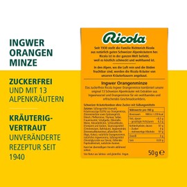 Ricola Ingwer Orangenminze, 50g Böxli Original Schweizer Kräuter-Bonbons mit 13 Alpenkräutern, fruchtiger Orange & Ingwer, zuckerfrei, 1 x 50g, Vegan