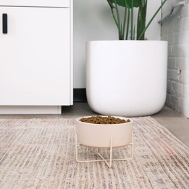 Waggo Simple Solid Dog Bowl and Dog Bowl Stand - Single Iron Stand with Single Ceramic Feeder or Water Bowl (Medium, Matte Buttercream)