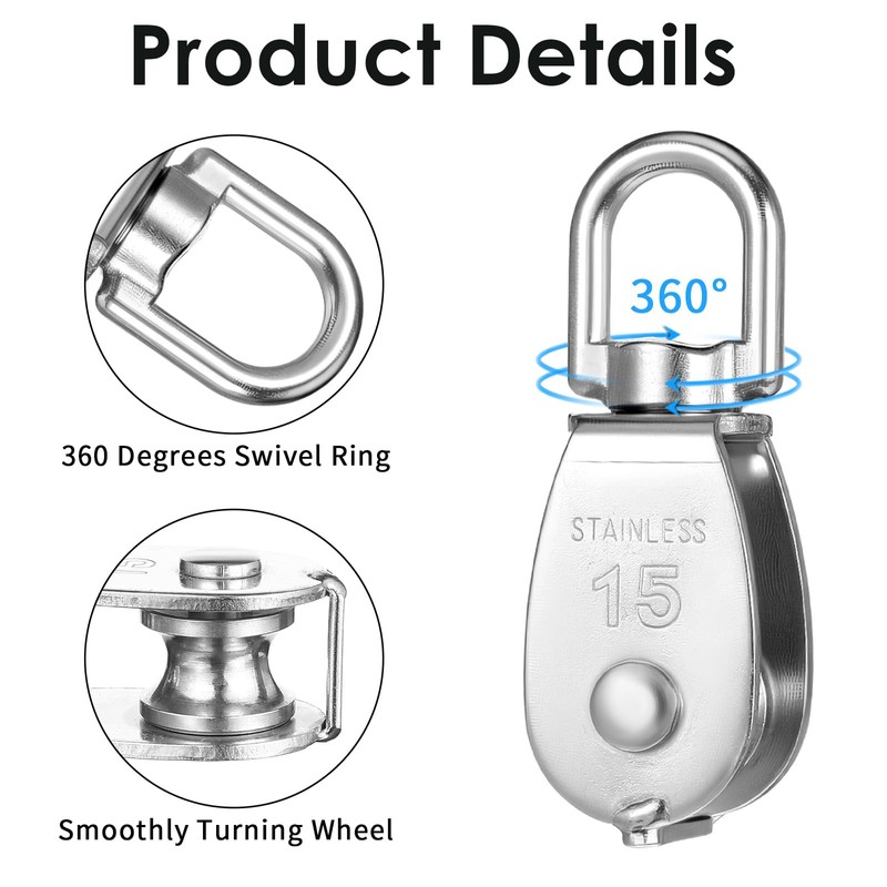 12 Pack M15 Pulleys for Rope, 304 Stainless Steel Wire