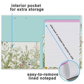 Clipboard Folio with Refillable Lined Notepad, Low Profile Clip and Interior Storage Pocket, Cute Clipboard Folder Design for Students, Office, School, Nurse, A4 Foldable Clipfolio(Garden Flowers)