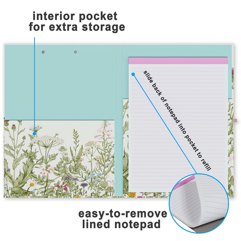 Clipboard Folio with Refillable Lined Notepad, Low Profile Clip and