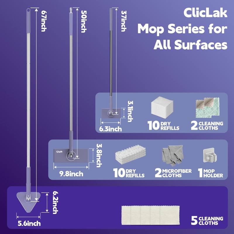 ClicLak Wall Cleaner Mop, Instantly Attach & Remove Cloth Touch-Free,
