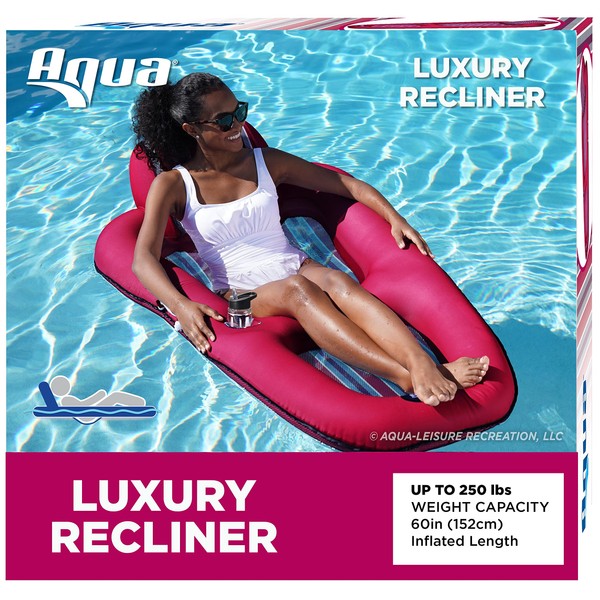 Aqua Luxury Water Pool Lounge – Extra Large – Inflatable Pool Floats for Adults with Headrest, Backrest, Footrest & Cupholder – Burgundy/Navy Stripe