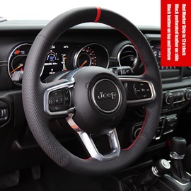 Black Side Perforated Leather Red Marker Steering Wheel Protector Cover Hand-Stitch on Wrap Fit for Jeep Wrangle 2018 2019 2020 2021 2022 Jeep Gladiator 2020-2022