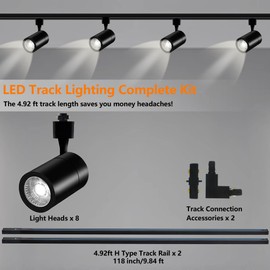 Yuemegou H Type LED Track Lighting Heads Kit, 8 Heads 30W 2700lm High Brightness Track Lighting System with 9.8ft (4.92 * 2) Track Rail, 4000K Natural White Adjustable Angled Track Light