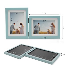 Janreefan Double Vertical & Horizontal Picture Frames Hinged Folding Photo Frames in Teal Blue Made of Pine Wood with Real Glass for Wall Hanging or Tabletop Standing, Display Pictures 4x6 with Mat or