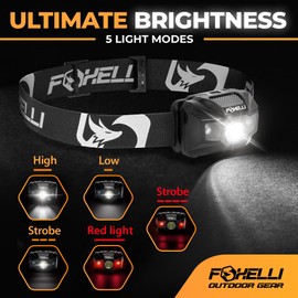 Foxelli USB‑C Rechargeable LED Headlamp – Ultra‑Light 2.4 oz & Bright 180 Lumens – Red/White Light, 5 Modes, IPX5 Waterproof, 40 h Runtime for Trail Running, Camping, Hiking