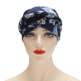 ZLYC Chemo Headwear Pre Tied Turban Headwrap Lightweight Beanie Hat for Women, Braid Floral Navy