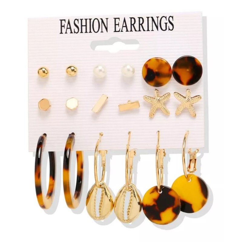 Deluxe Set Aretes 9 En 1 Playa Concha Mar Carey