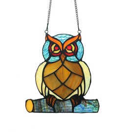 FAYZSOWSR 1PCS Stain Glass Owl Window Hanging Double Sided Colored Glass Panel Animal Stained Glass Window Hanging Animal Glass Window Hanging for Living Room, Bedroom, Balcony, Kitchen, Den