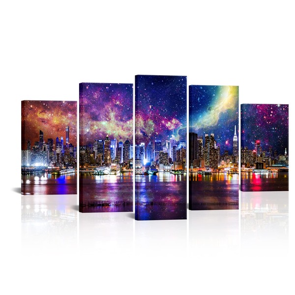 Conipit New York City Wall Art Canvas Manhattan Skyline Picture Night City Artwork NYC Reflections in Hudson River Picture Prints for Living Room Gallery Wrapped (Large)