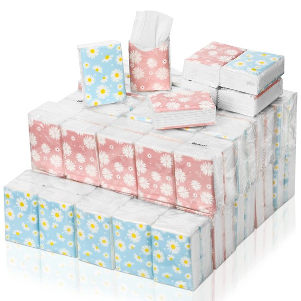 Outus 100 Pack 800 Sheets Small Travel Tissue Pocket Tissue Travel Packs 3 Ply Facial Tissues Travel Size Individual Tissue Packs Floral Daisy Tissue for Wedding Funeral Bridal Shower Christmas Gift