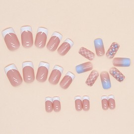 Square Press on Nails Medium Fake Nails with Blue Flower Pearl Designs White French Tip Nails Press ons Spring Summer Acrylic Nails Gradient False Nails Nude Stick on Nails for Women 24Pcs
