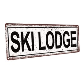 Ski Lodge 6"x16" Metal Sign, Wall Décor for Vacation, Cabin, and Lakehouse