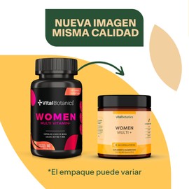 Women Multivitamin + con 60 capsulas. Multivitamínico para Mujer con Colágeno Hidrolizado, Ácido Fólico, Biotina, Hierro, Calcio, Magnesio, Maca, Zinc y Vitamina D (400 IU) Complejo B VitalBotanics.