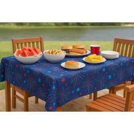 Kane Home Patriotic Fireworks Tablecloth PEVA Vinyl with Flannel Back – Red White Blue Indoor Outdoor Wipe Clean (52 x 70 inches)