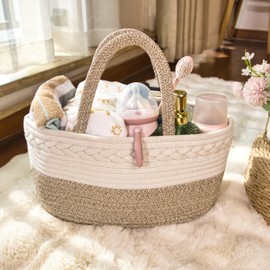 QFLQFL Baby Diaper Caddy Girl Boy Organizer Small Woven Baskets With Handle, Cotton Rope Tote For Shower Nursery, Decorative Small Storage Baskets For Shelves,Unique Gift Baby