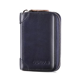 Genuine Leather Credit Card Holder Case RFID Blocking Travel Passport Wallet， Small Card Case for Men Accordion Wallet with Zipper ，Compact Size (Blue)