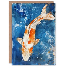 Artery8 Greeting Card Japanese Koi Carp Fish in Pond Watercolour Splat Blank For Him Or Her Art Birthday Card