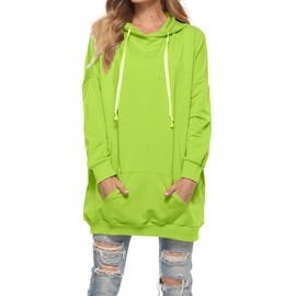 Famulily Solid Color Long Sleeve Pullover Tops Oversized Drawstring Hoodie for Women Fluorescent Green M
