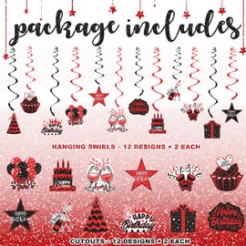 48PCS Black and Red Party Decorations – Black and Red Birthday Hanging Swirls for 18th, 21st, 30th, 40th, 50th, 60th Birthday Celebrations