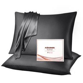 Adubor Silk Pillowcase 2 Pack for Hair and Skin with Hidden Zipper, Both Sides 23 Momme Silk Pillow Case (Black, Standard: 20''x26'')