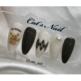 Pearl Check Teddy Bear Nail Handmade Nail Tips - Long Square / 진주 체크 테디베어네일 수제네일팁 - 롱스퀘어