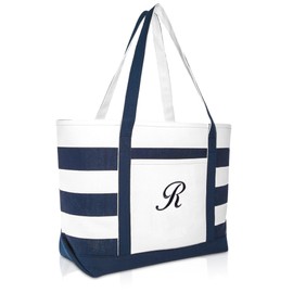 DALIX Premium Beach Bags Striped Navy Blue Zippered Tote Bag Monogrammed R
