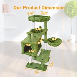 KIYUMI Cat Tree Cat Tower Condo with Sisal Scratching Post for Indoor Cats Cat Tree Cat Furniture with Hammock Perch and Kitten ball Toys, Multi-Level Pet Activity Center Green