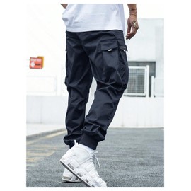 OYOANGLE Men's Casual Drawstring Elastic Waist Flap Pocket Letter Graphic Street Jogger Cargo Pants Dark Blue Large