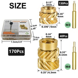 QSJ 170Pcs Threaded Inserts Set Brass Heat Set Insert M3 M4 Insert Nut with Soldering Iron Tip for 3D Printed Plastic Materials