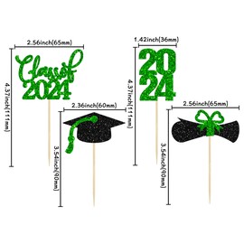 Paquete de 36 decoraciones para magdalenas de graduación 2023 con purpurina clase de 2023 para decoración de tartas, gorra de graduación, diploma, púas de cupcakes, 2023, decoración de tartas, suministros verdes