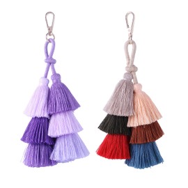 KONMAY 2pcs Pompom Boho Tassel Keychain for Bag and Backpack Accessories, Double Tri-Layered Tassels with Clip Clasp for Car Decoration, Curtains and Home Décor