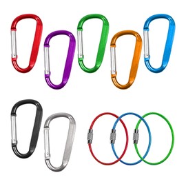 Locking Carabiner Set, 7 D Carabiners Aluminum Alloy 3 Color Wire Ropes for Camping Hiking Fishing Travel Family RV Outdoor Accessories (7 Colors)